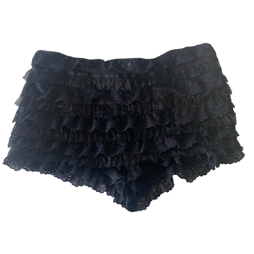 SHEIN Ruffle Lace Tiered Shorts Women Medium Black Gothic Coquette Eyelet Trim